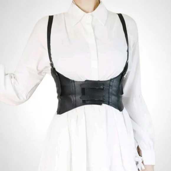 Womens Corset black vegan leather harness buckle suspenders steampunk waist belt - Picture 4 of 17